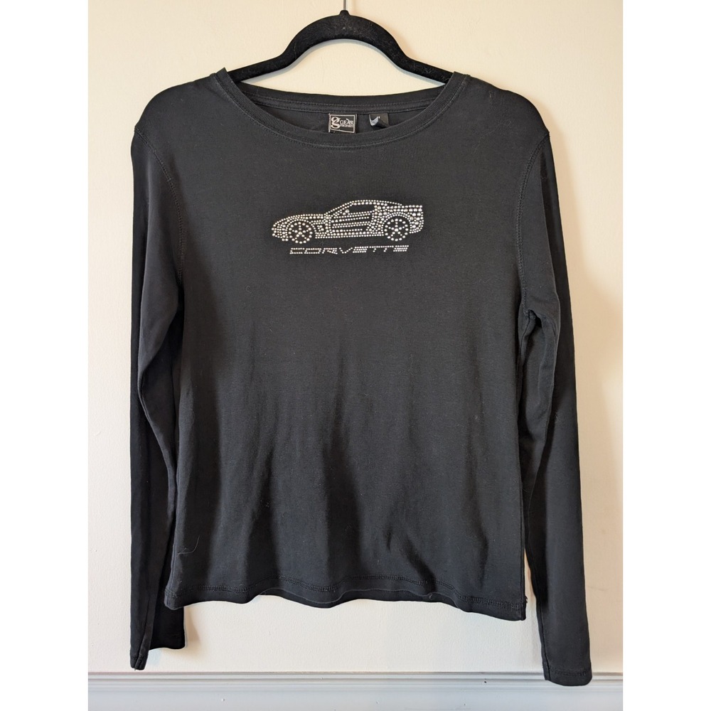 Vintage Corvette Shirt Women Medium Black Long Sleeve T-shirt Rhinestones Bling